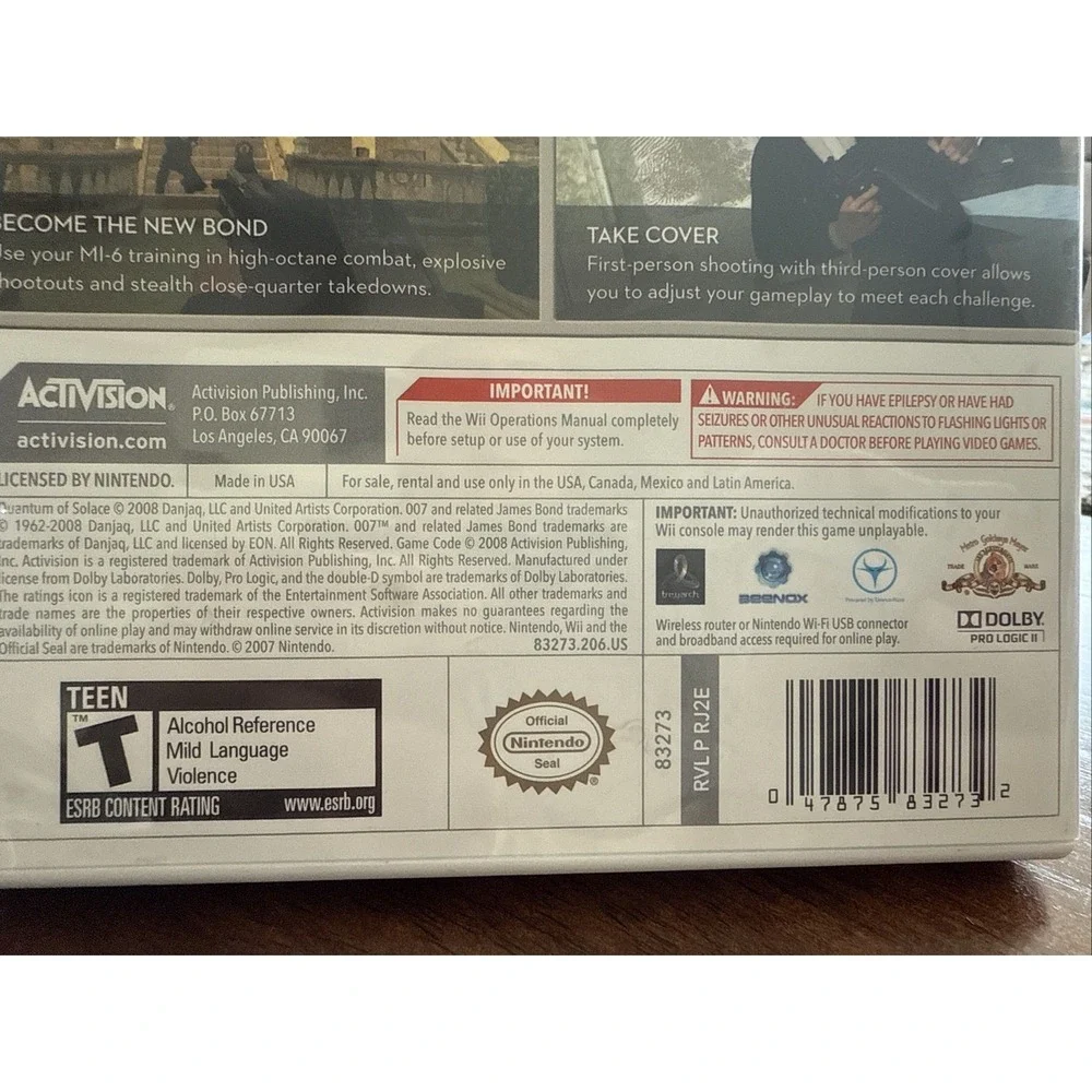 Wii James Bond 007: Quantum of Solace Nintendo Wii, 2008 With Instruction Manual